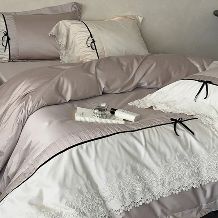 Duvet Cover Set Cotton Satin Lace Trim Hotel Closure