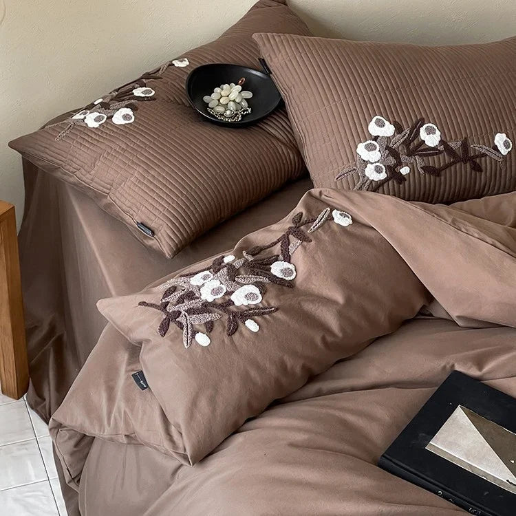 Duvet Cover Set Cotton Satin Relief Embroidery Hidden Zipper