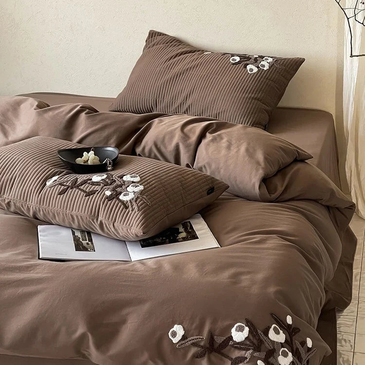 Duvet Cover Set Cotton Satin Relief Embroidery Hidden Zipper