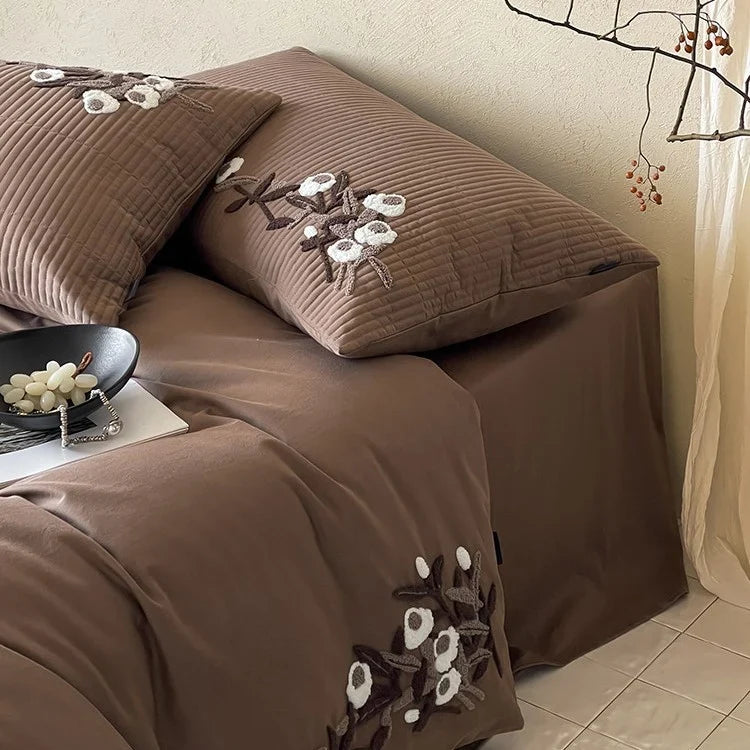 Duvet Cover Set Cotton Satin Relief Embroidery Hidden Zipper