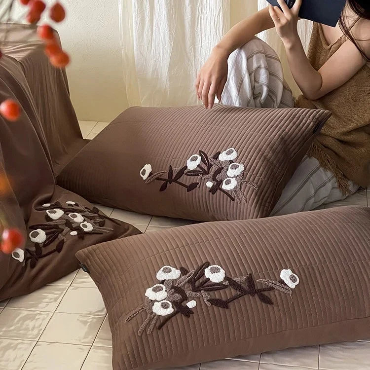 Duvet Cover Set Cotton Satin Relief Embroidery Hidden Zipper