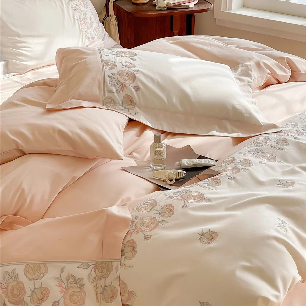 Duvet Cover Set Cotton Satin Reversible Floral Embroidery