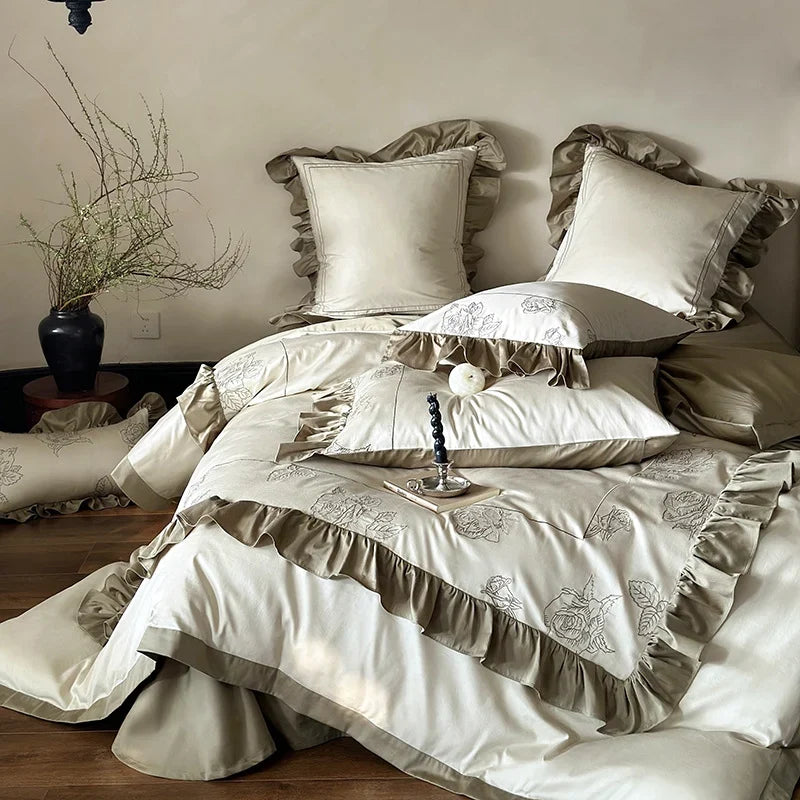 Duvet Cover Set Cotton Satin Rose Embroidery & Ruffle