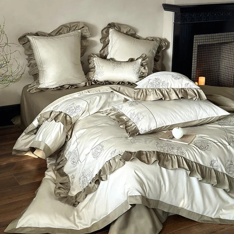 Duvet Cover Set Cotton Satin Rose Embroidery & Ruffle