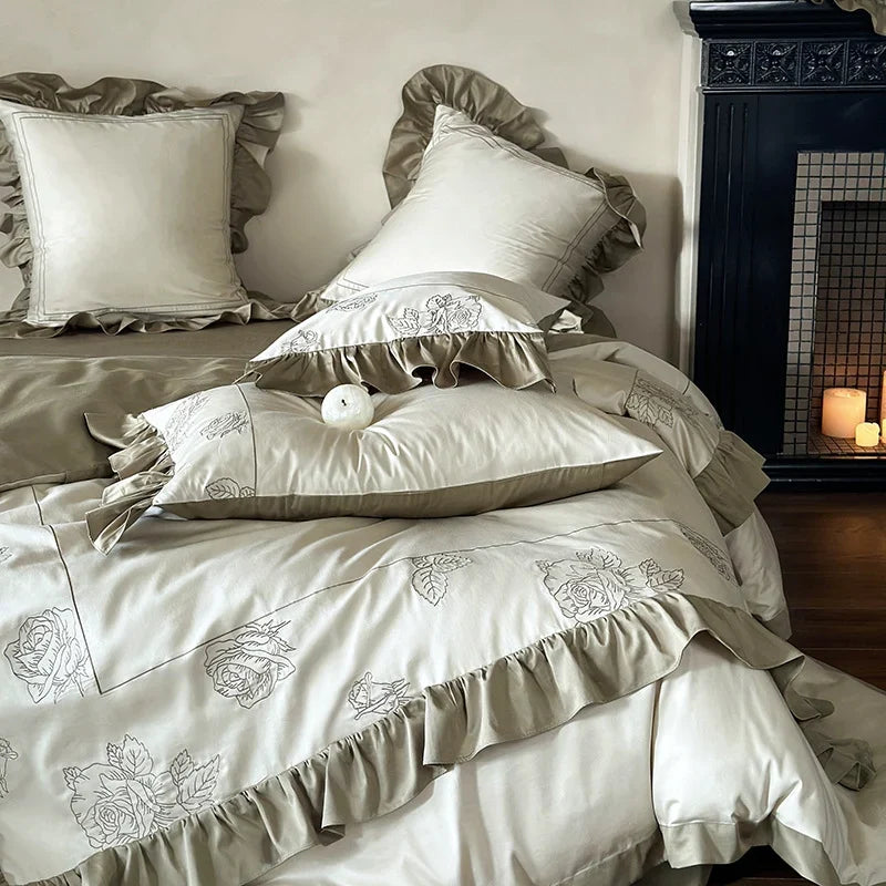 Duvet Cover Set Cotton Satin Rose Embroidery & Ruffle