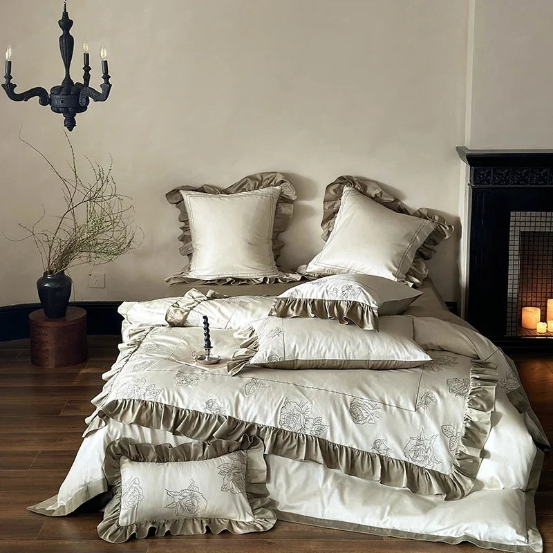 Duvet Cover Set Cotton Satin Rose Embroidery & Ruffle