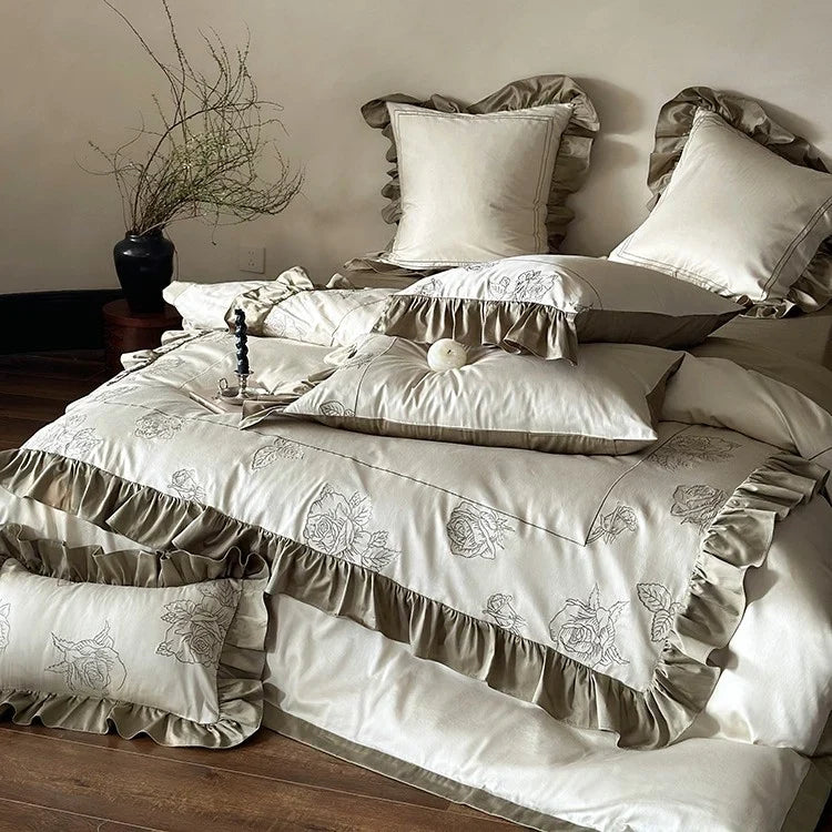 Duvet Cover Set Cotton Satin Rose Embroidery & Ruffle