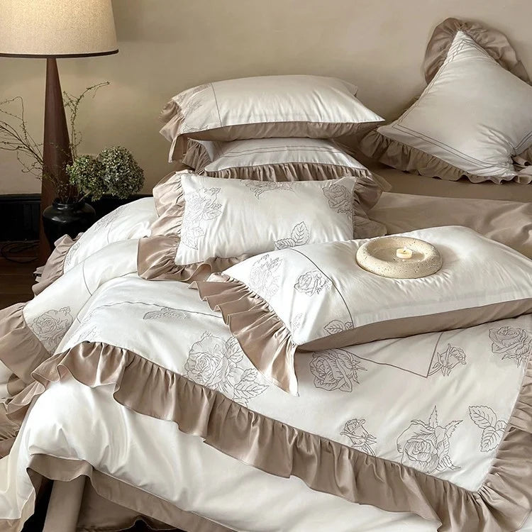 Duvet Cover Set Cotton Satin Rose Embroidery & Ruffle