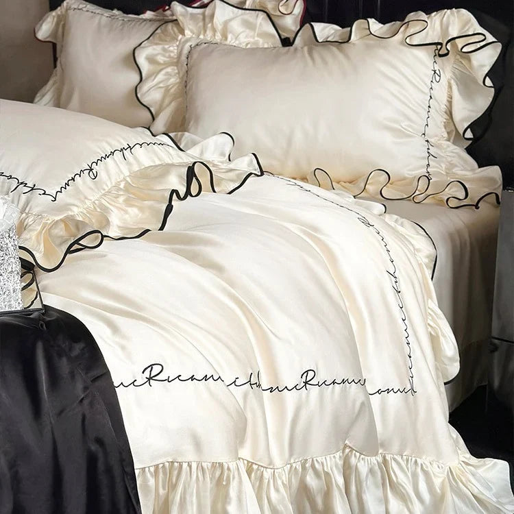 Duvet Cover Set Cotton Satin Ruffled Edge & Calligraphic Embroidery