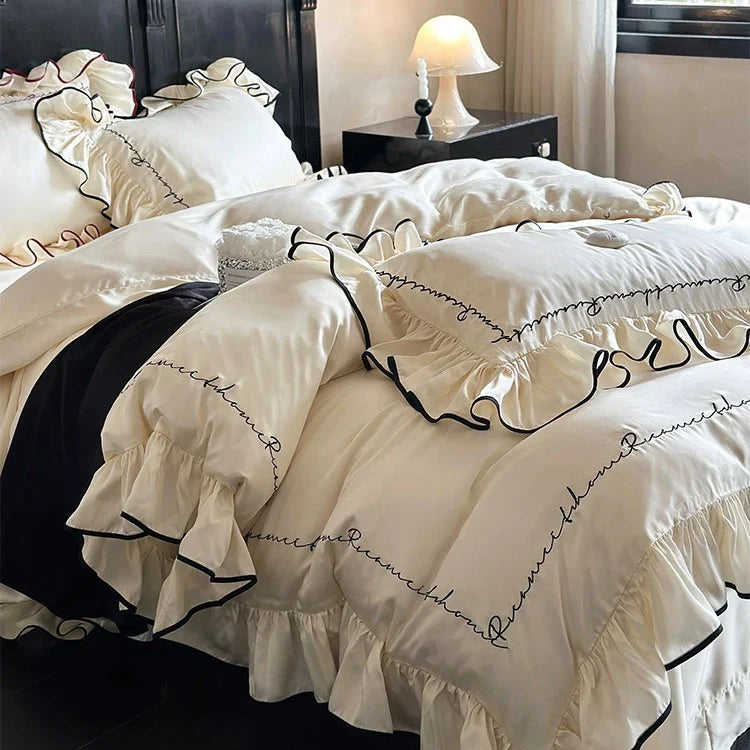 Duvet Cover Set Cotton Satin Ruffled Edge & Calligraphic Embroidery
