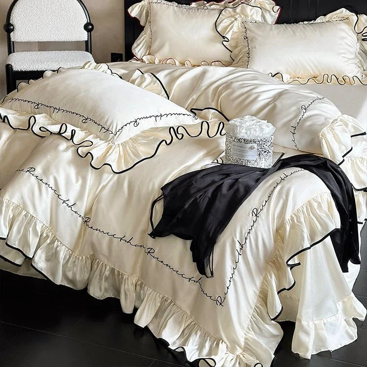 Duvet Cover Set Cotton Satin Ruffled Edge & Calligraphic Embroidery