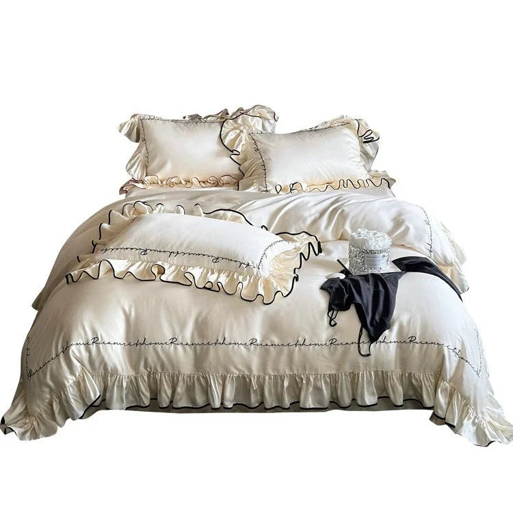 Duvet Cover Set Cotton Satin Ruffled Edge & Calligraphic Embroidery