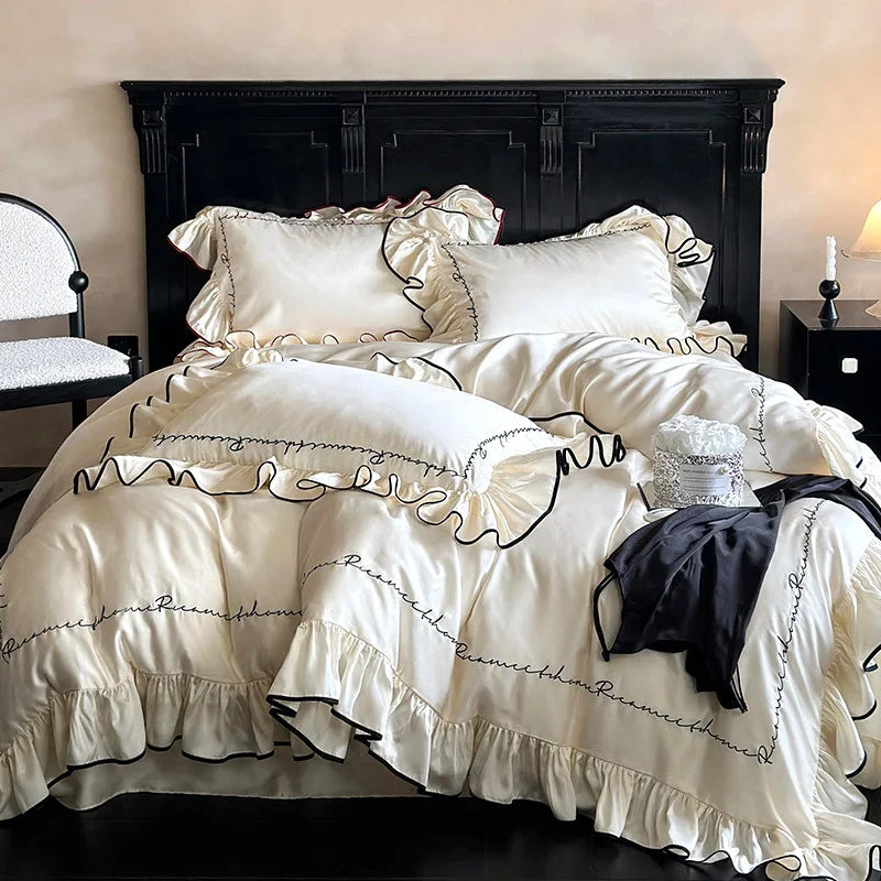 Duvet Cover Set Cotton Satin Ruffled Edge & Calligraphic Embroidery