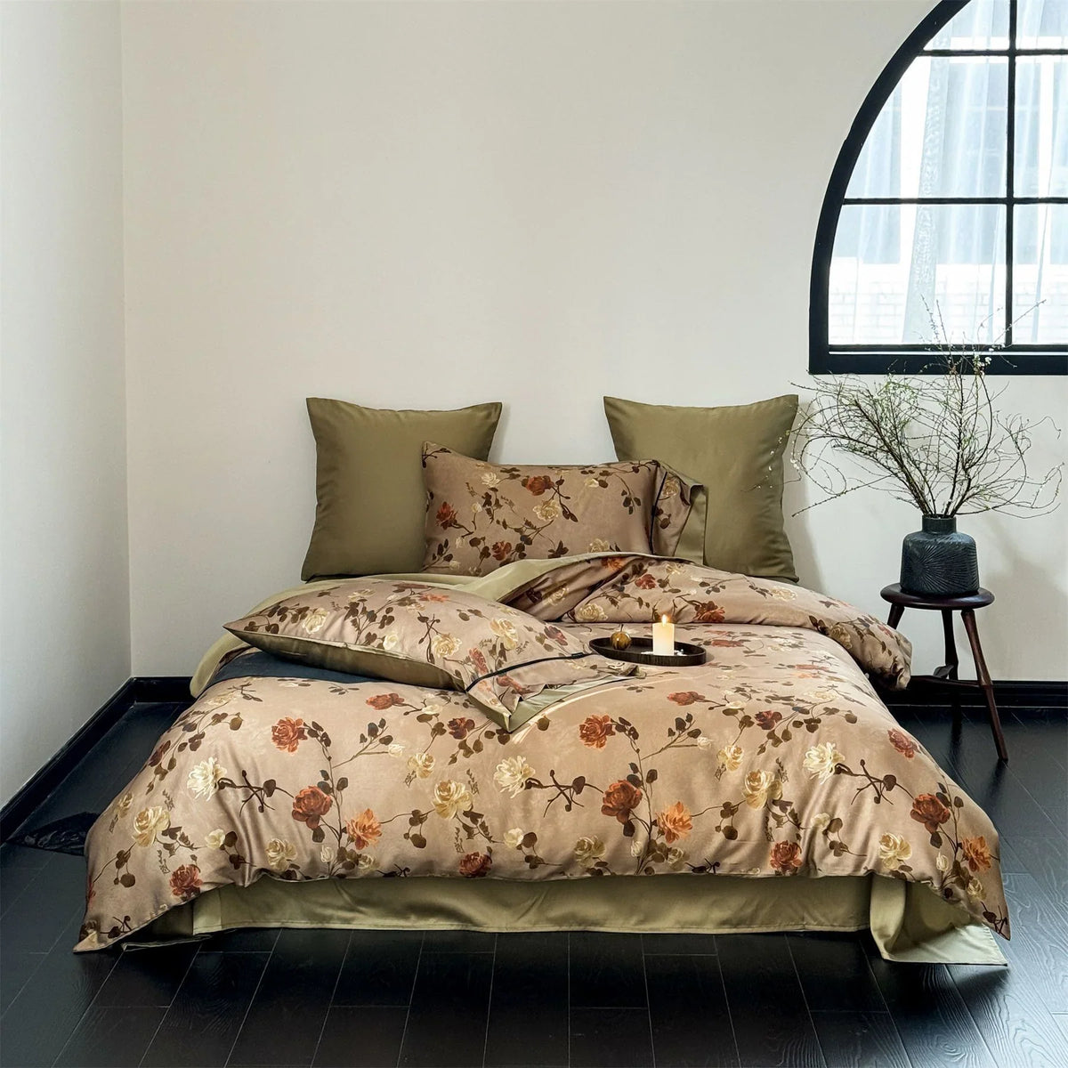 Duvet Cover Set Cotton Satin Toile Floral Ruffled 4-Piece