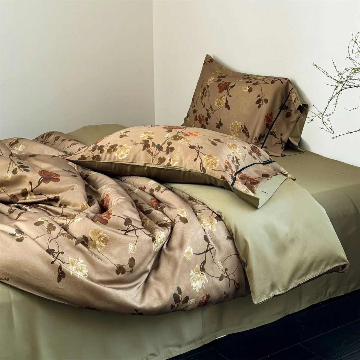 Duvet Cover Set Cotton Satin Toile Floral Ruffled 4-Piece