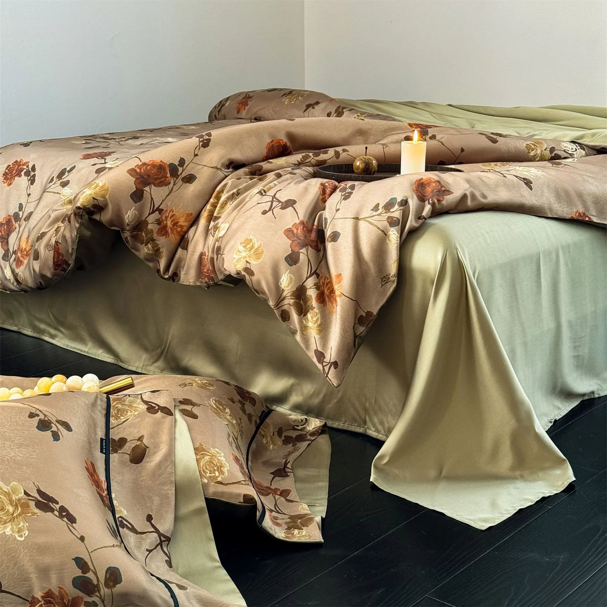 Duvet Cover Set Cotton Satin Toile Floral Ruffled 4-Piece