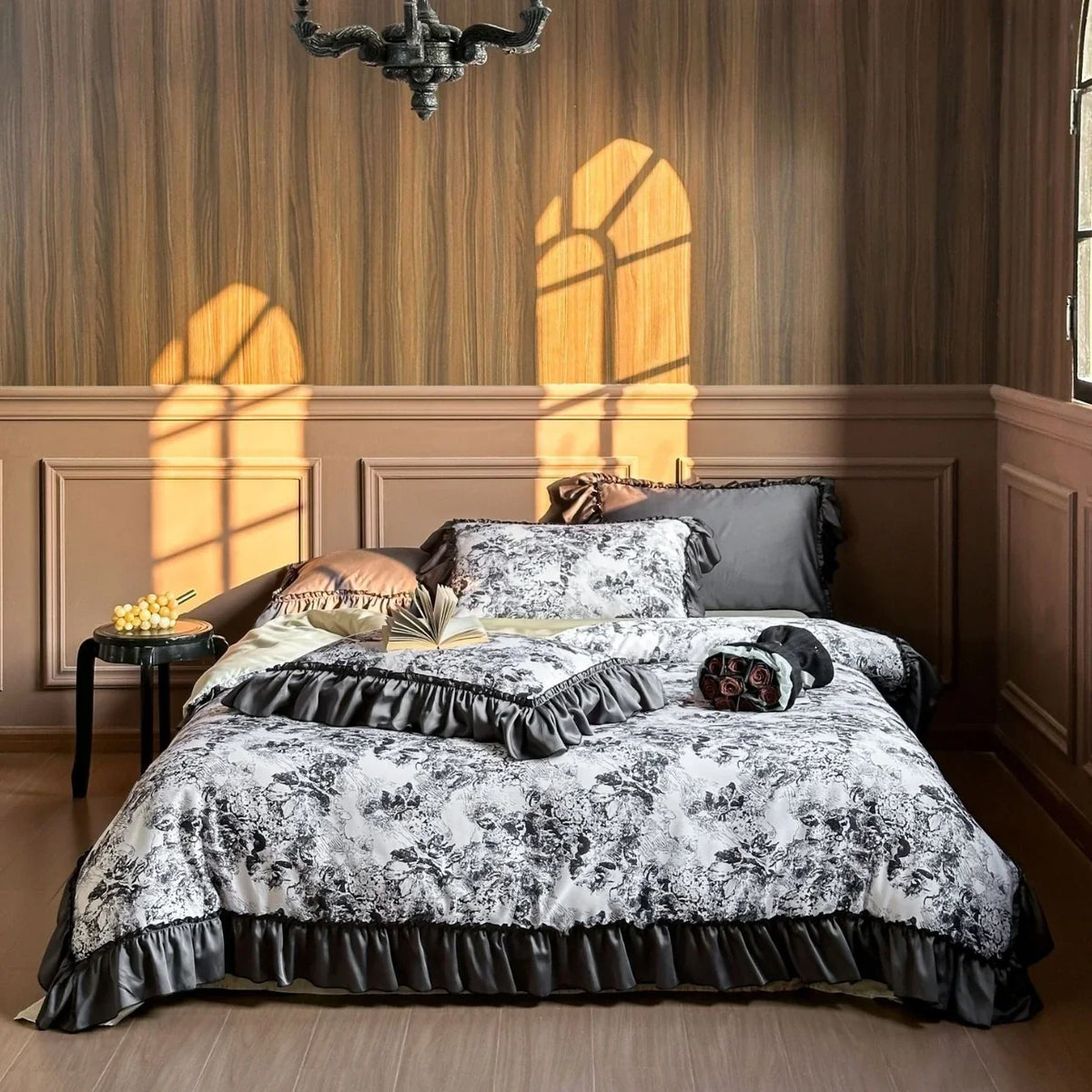 Duvet Cover Set Cotton Satin Toile Floral Ruffled 4-Piece