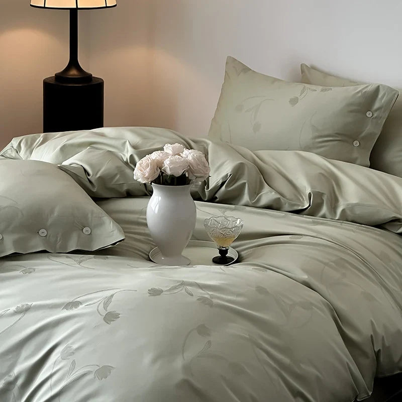 Duvet Cover Set Cotton Satin Tonal Floral Jacquard