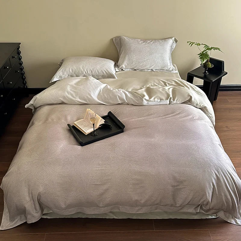 Duvet Cover Set Cotton Satin Tonal Jacquard Reversible