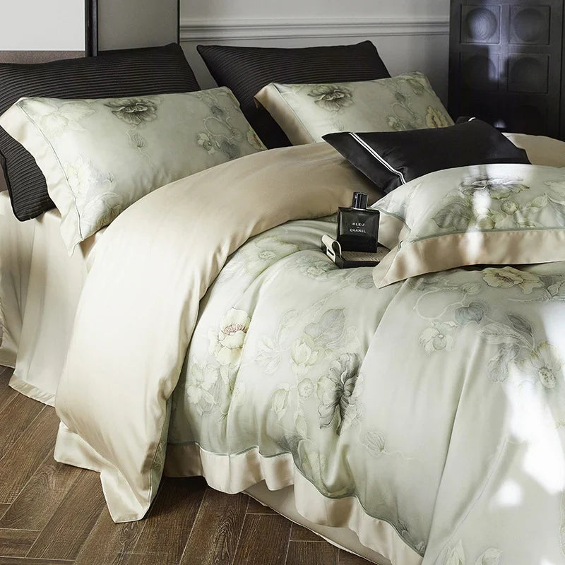 Duvet Cover Set Cotton Satin Watercolor Floral Concealed Zipper