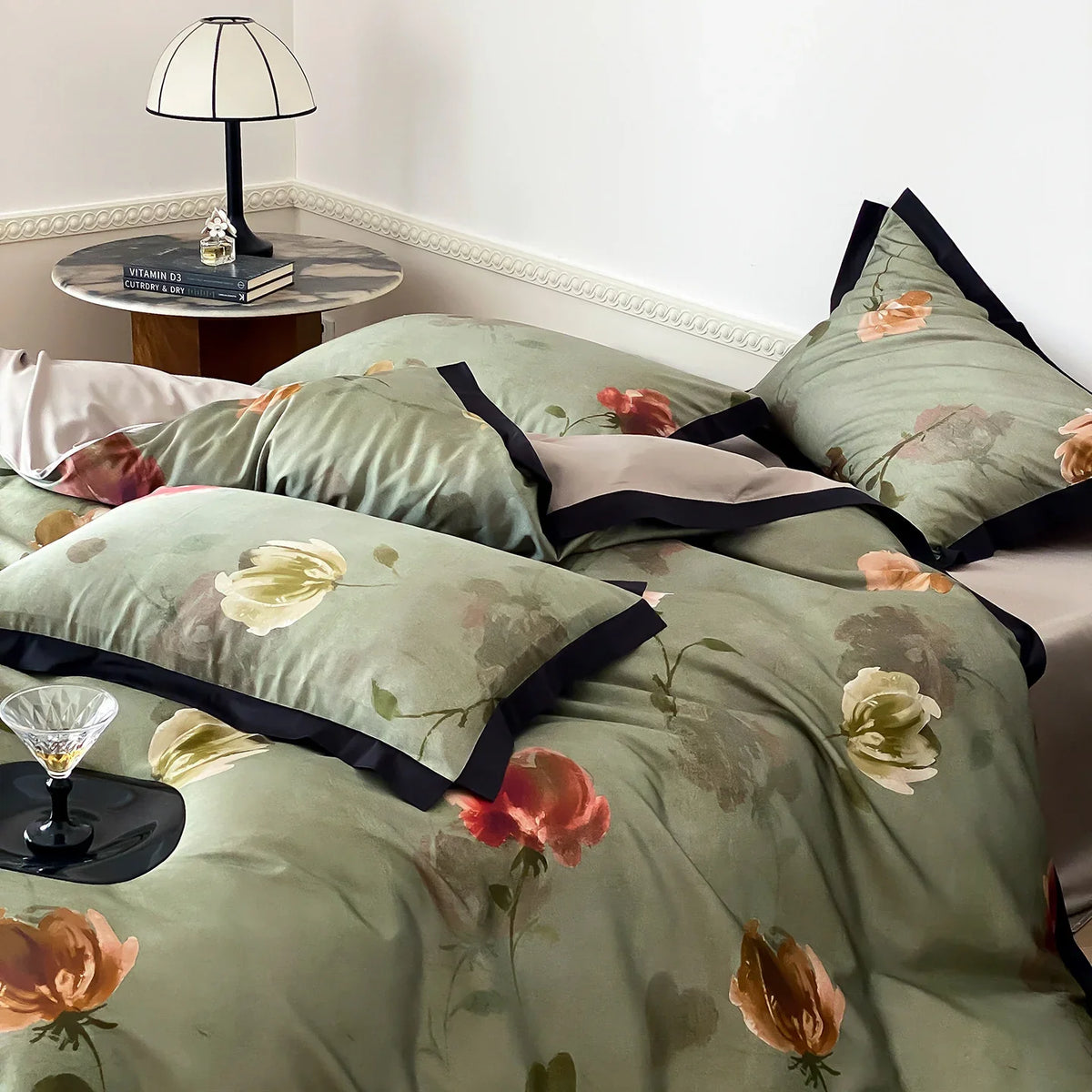Duvet Cover Set Cotton Satin Watercolor Floral Hidden Zipper