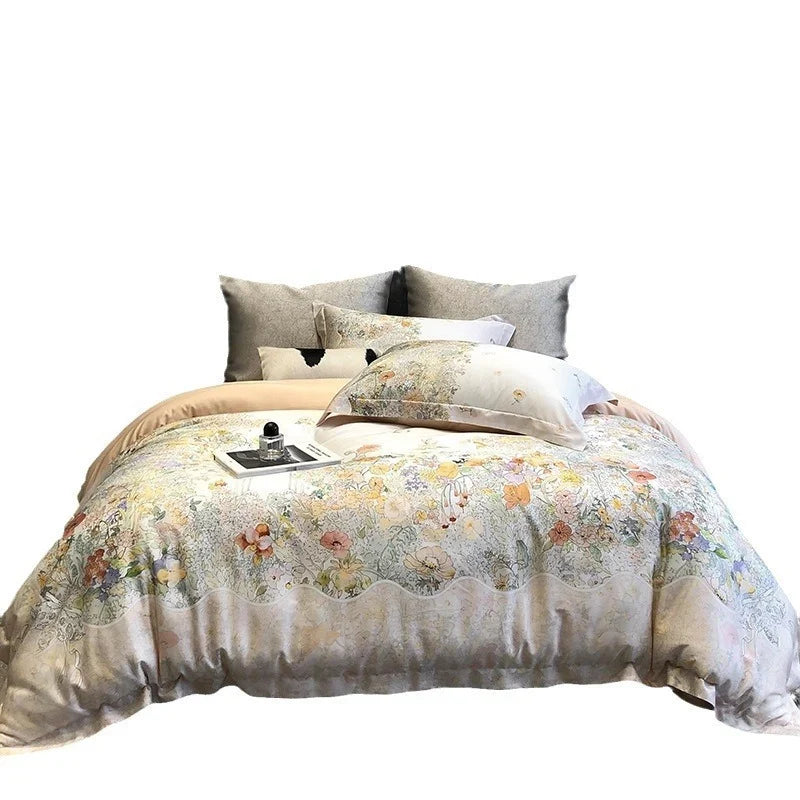Duvet Cover Set Cotton Satin Watercolor Floral Machine Washable