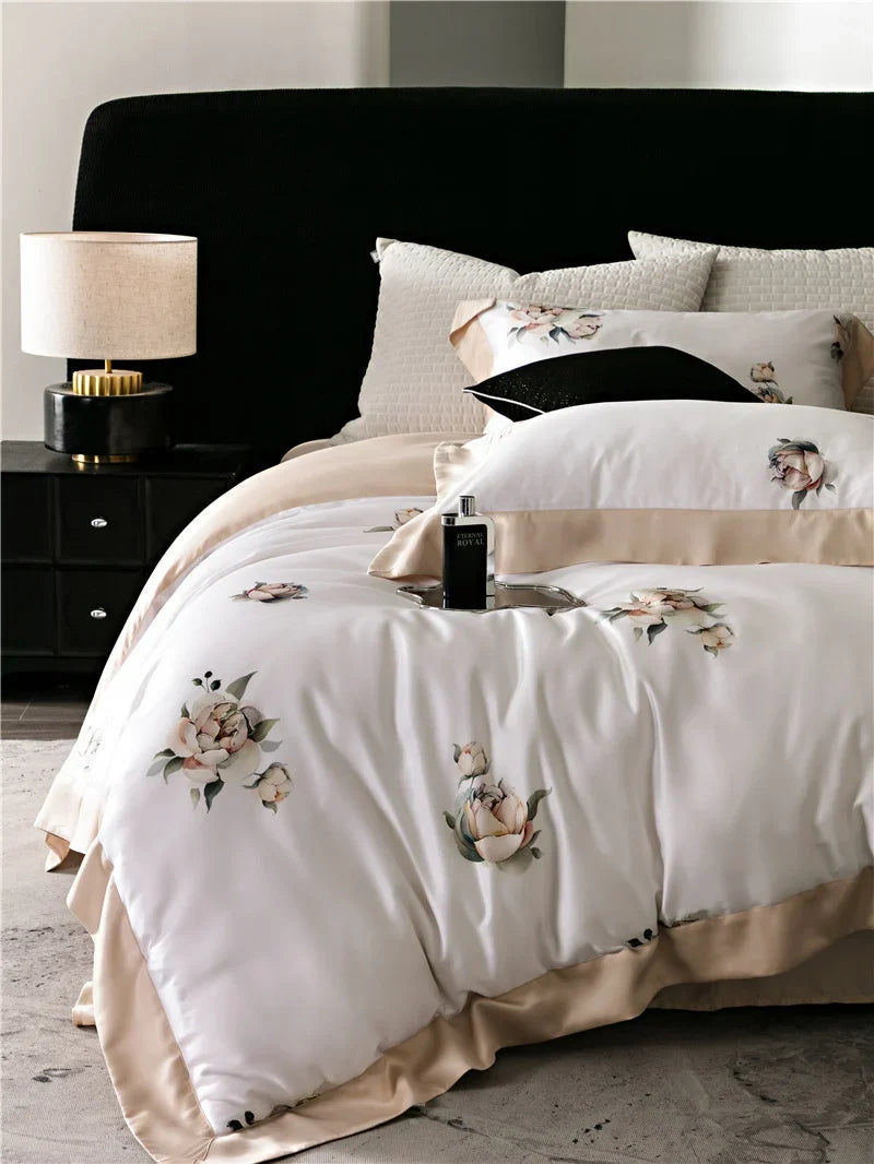 Duvet Cover Set Cotton Satin Watercolor Floral Machine Washable