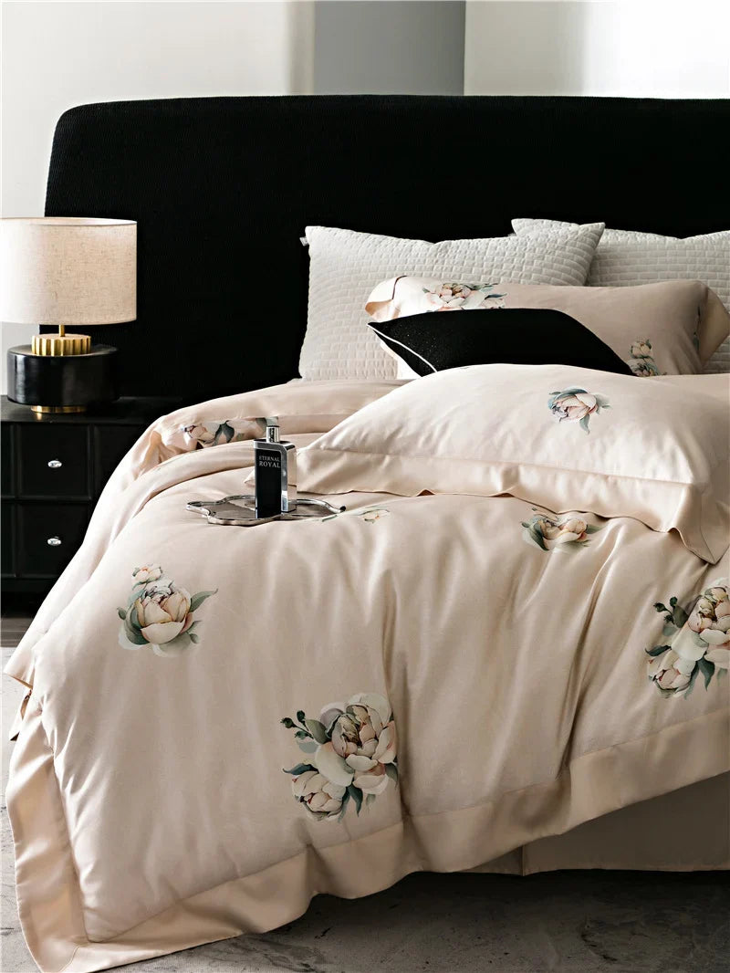 Duvet Cover Set Cotton Satin Watercolor Floral Machine Washable