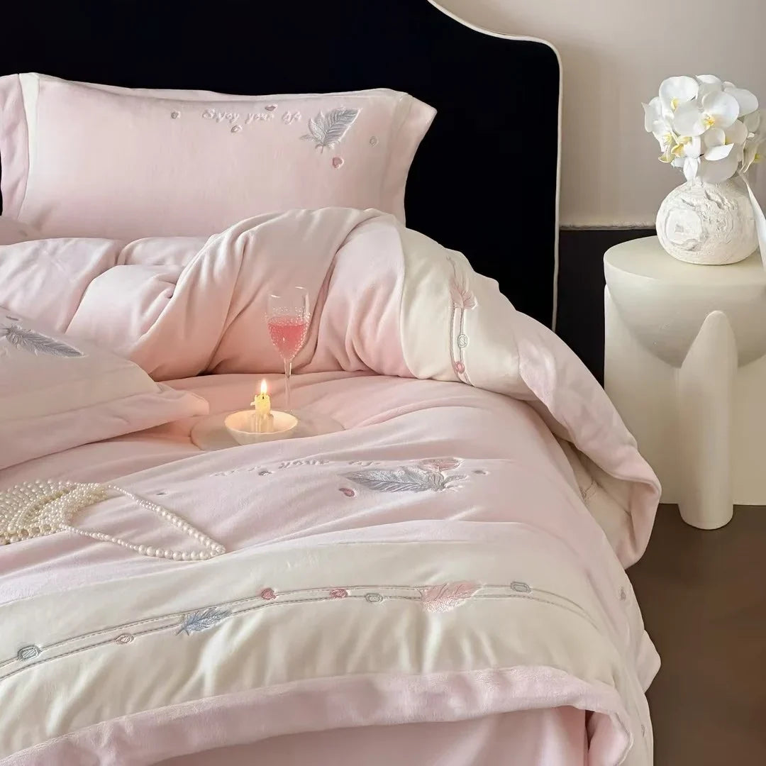 Duvet Cover Set Embroidered Feather Motif Quilted Cotton Blend