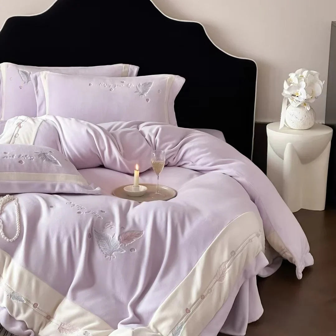 Duvet Cover Set Embroidered Feather Motif Quilted Cotton Blend