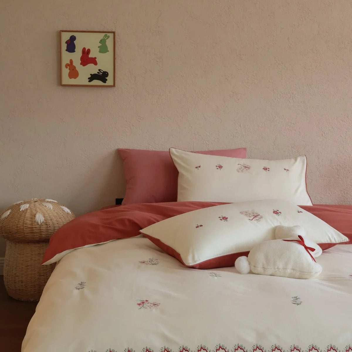 Duvet Cover Set Embroidered Floral Cotton Satin