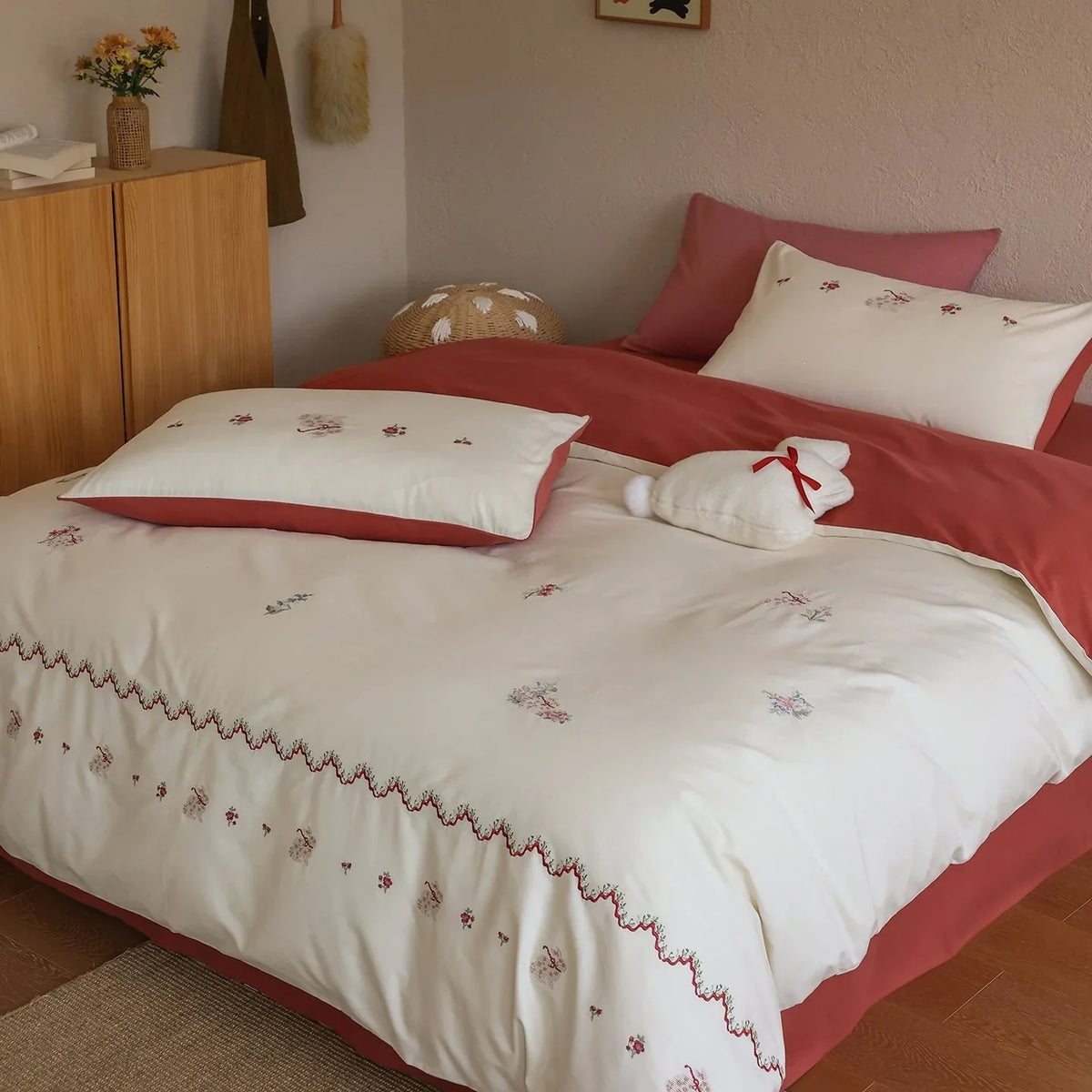 Duvet Cover Set Embroidered Floral Cotton Satin