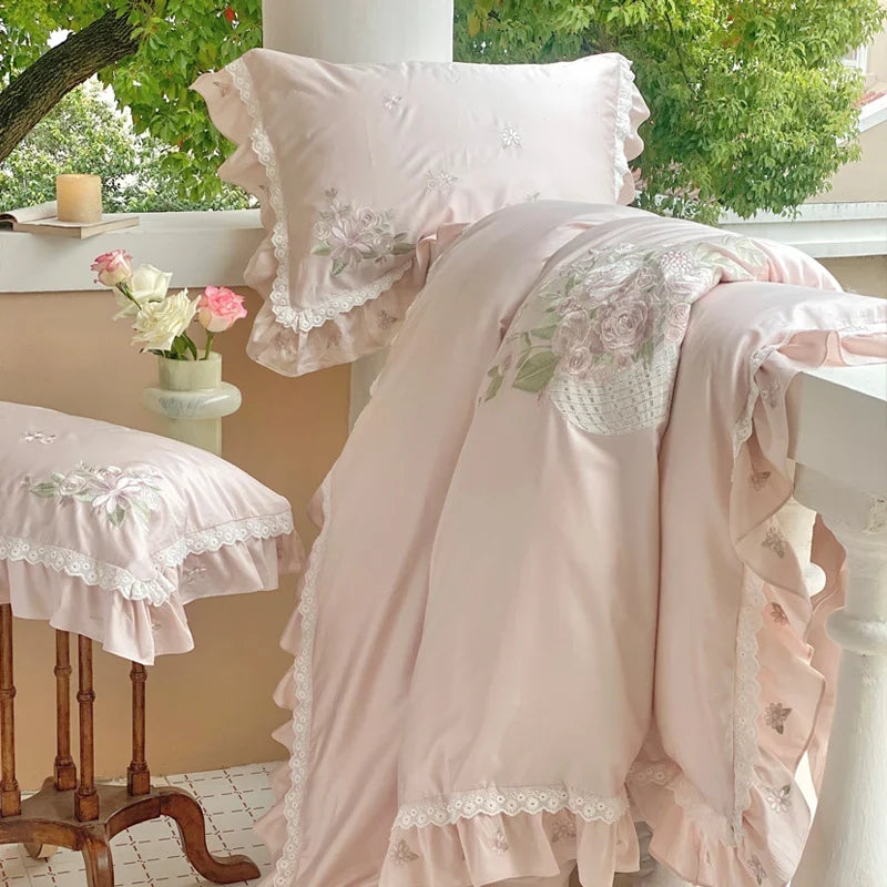 Duvet Cover Set Floral Embroidery Lace & Ruffles