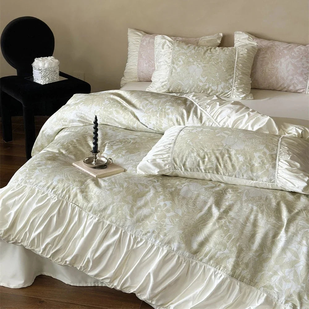 Duvet Cover Set Floral Jacquard Satin Trim Hidden Zipper