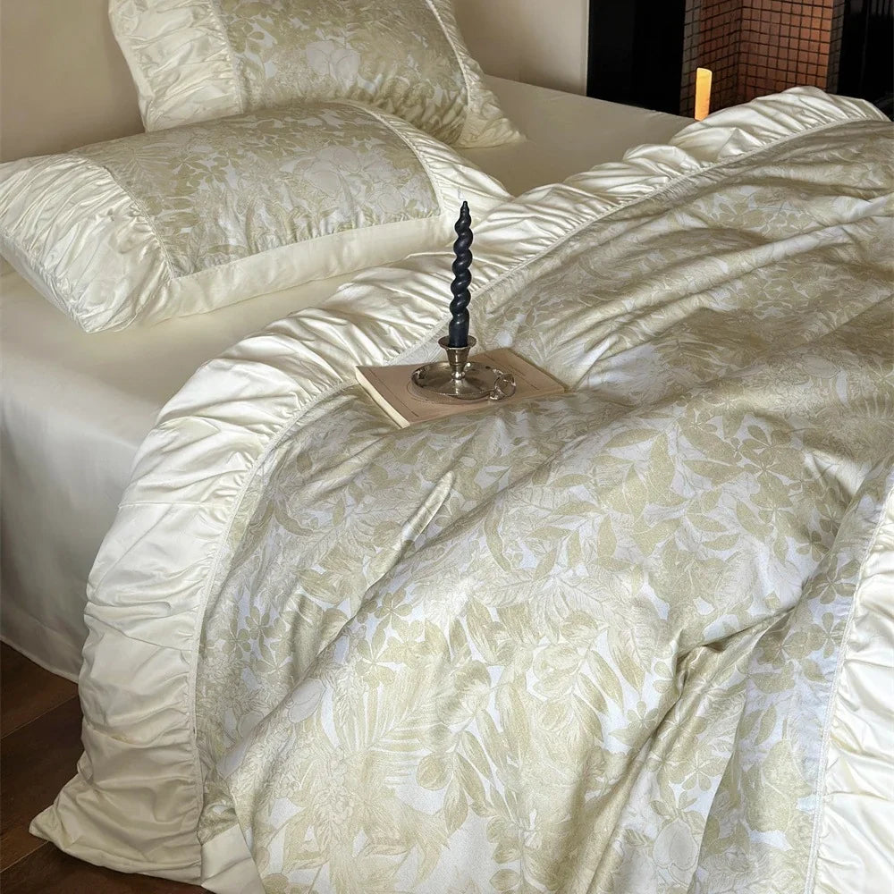 Duvet Cover Set Floral Jacquard Satin Trim Hidden Zipper