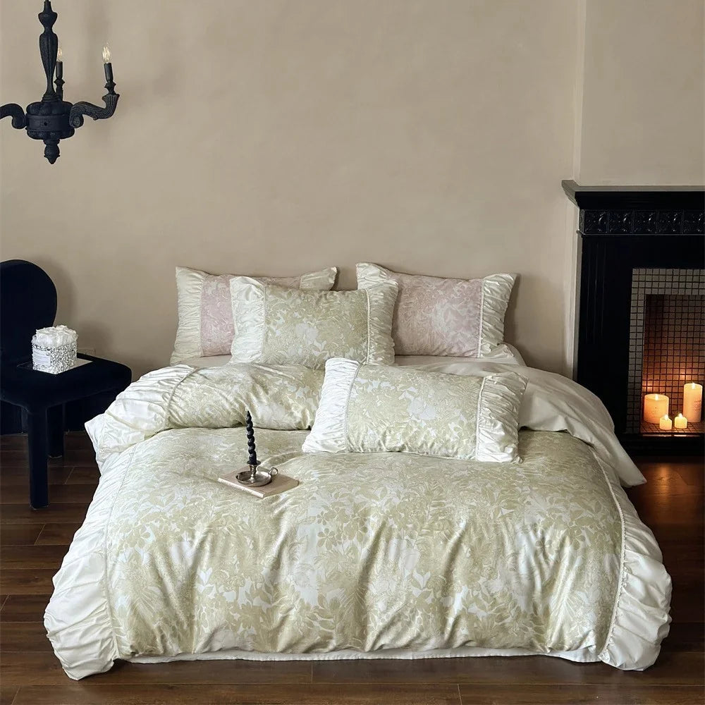 Duvet Cover Set Floral Jacquard Satin Trim Hidden Zipper