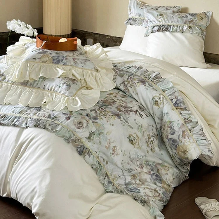 Duvet Cover Set Floral Ruffle Satin-Finish Microfiber Machine Washable