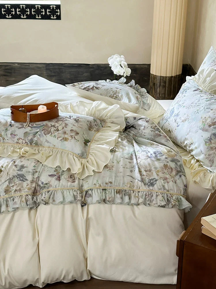 Duvet Cover Set Floral Ruffle Satin-Finish Microfiber Machine Washable