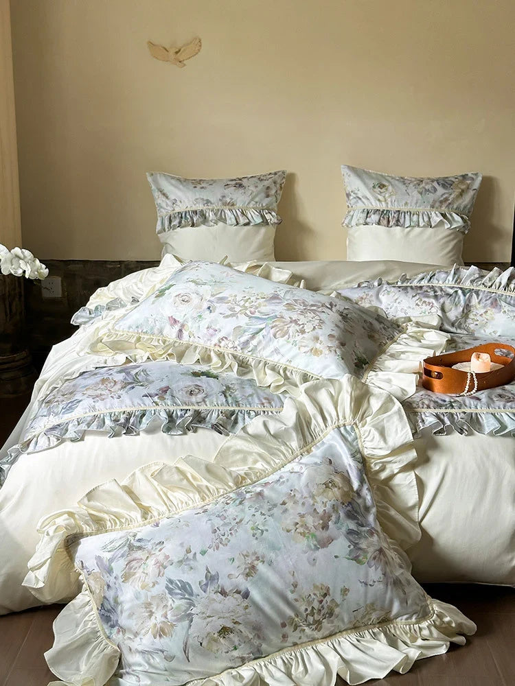Duvet Cover Set Floral Ruffle Satin-Finish Microfiber Machine Washable