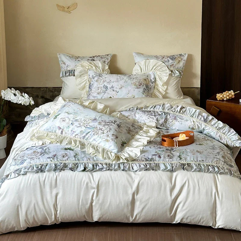 Duvet Cover Set Floral Ruffle Satin-Finish Microfiber Machine Washable