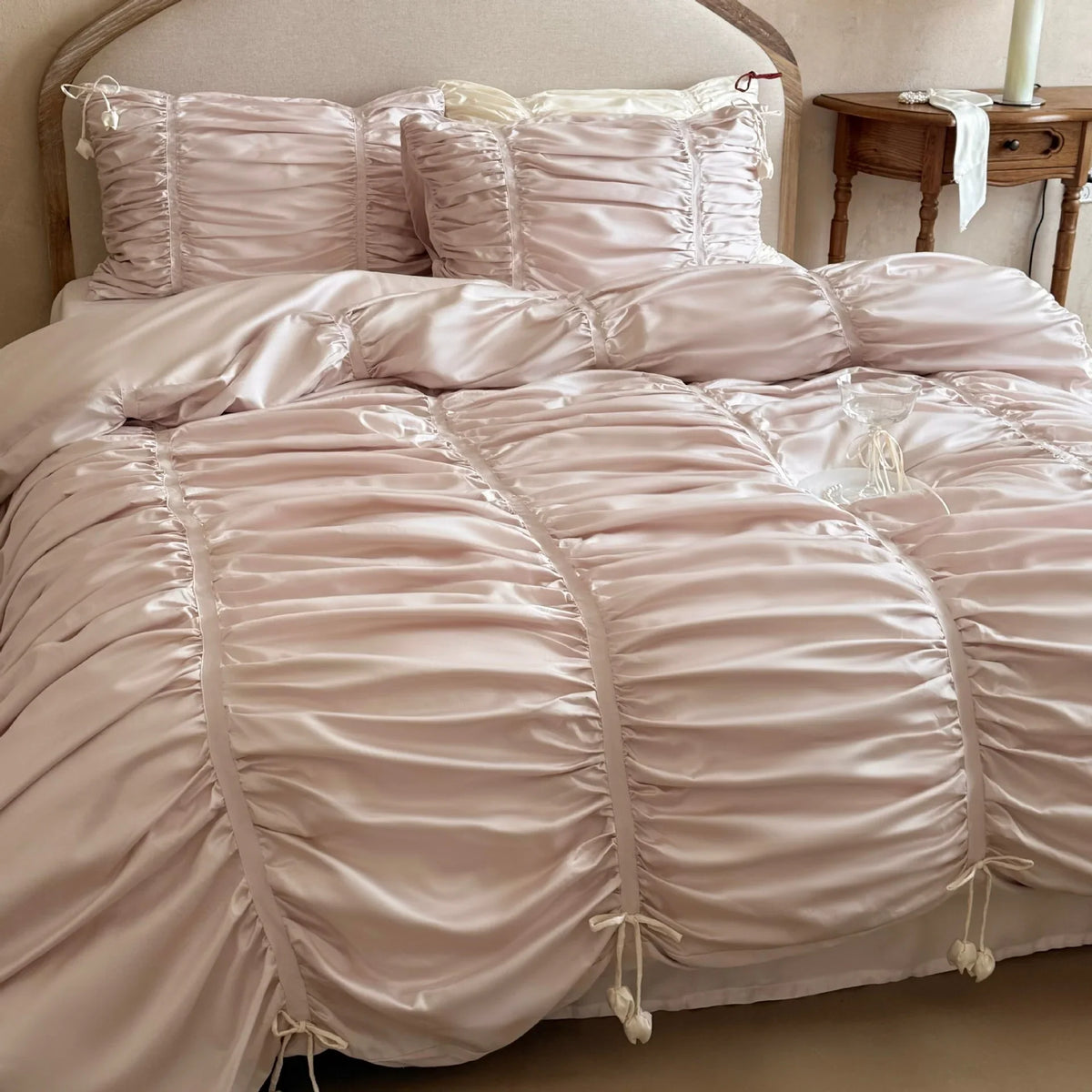 Duvet Cover Set Gathered Satin Tassel Trim Machine Washable