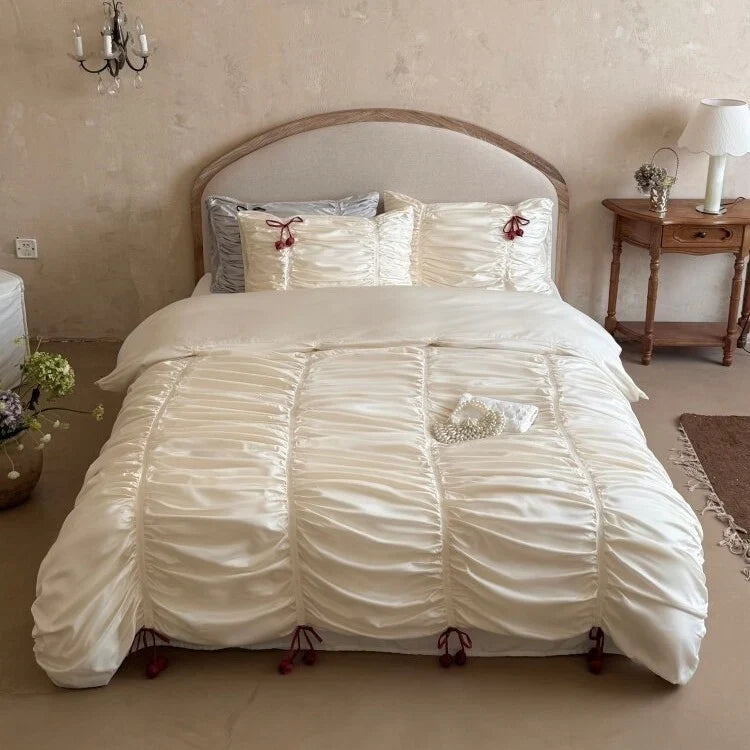 Duvet Cover Set Gathered Satin Tassel Trim Machine Washable