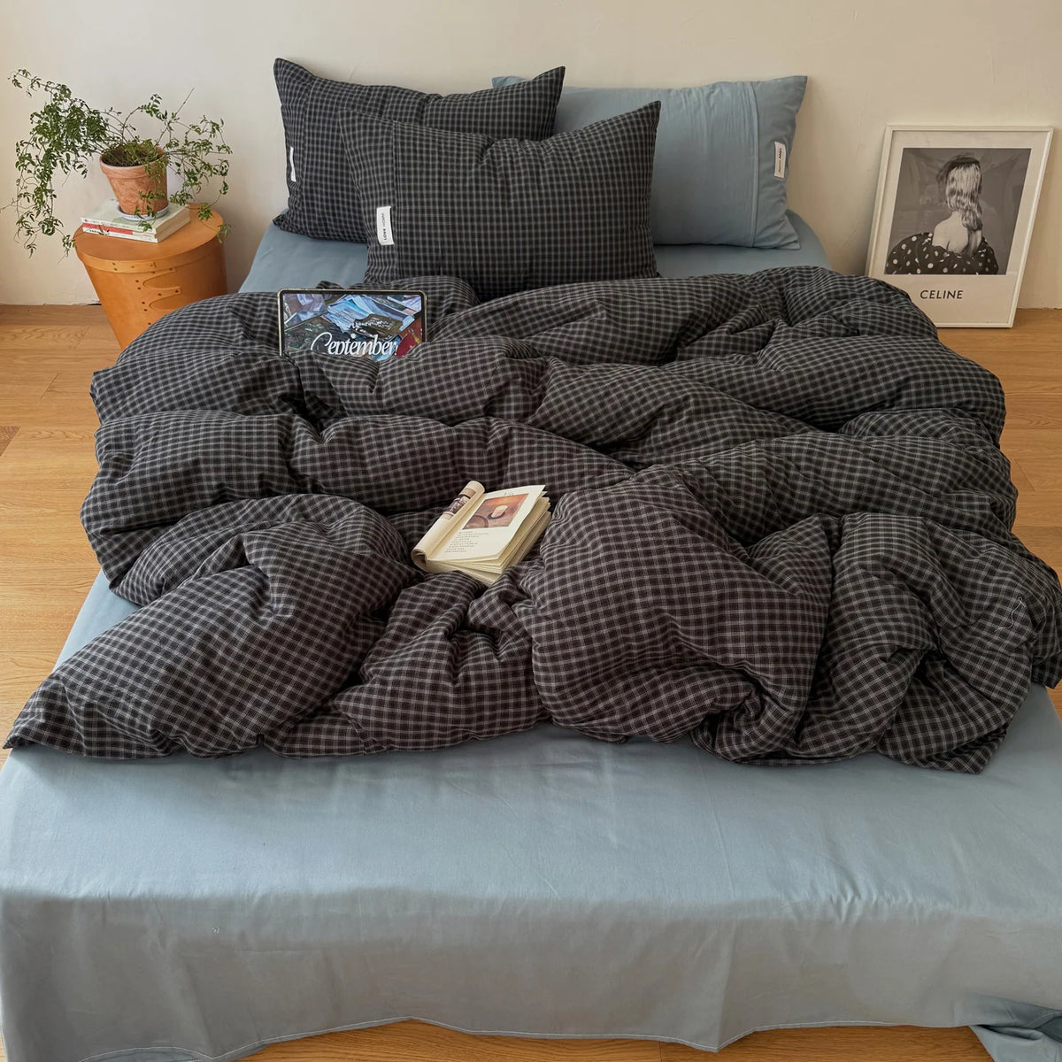 Duvet Cover Set Gingham Pattern Machine-Washable Matching Pillowcases