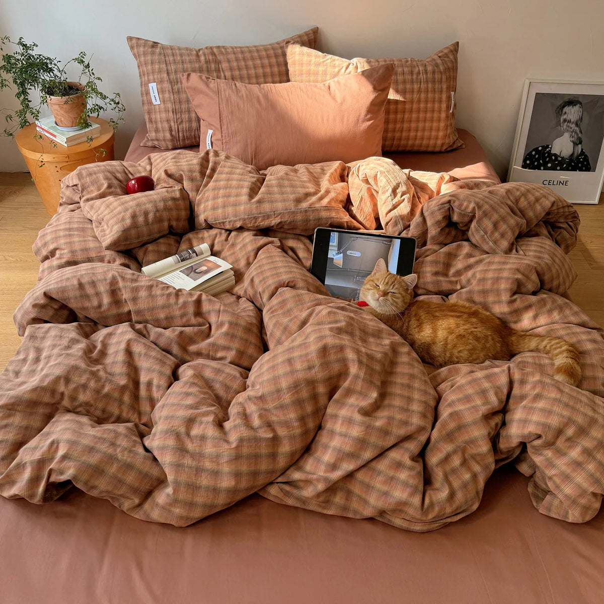 Duvet Cover Set Gingham Pattern Machine-Washable Matching Pillowcases