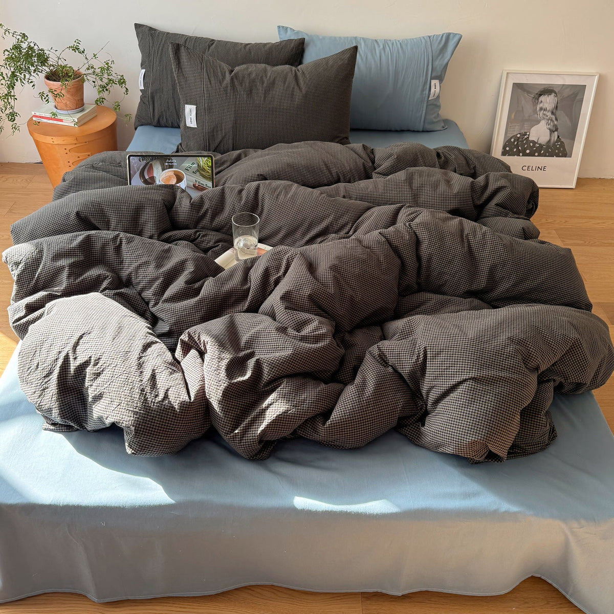 Duvet Cover Set Gingham Pattern Machine-Washable Matching Pillowcases