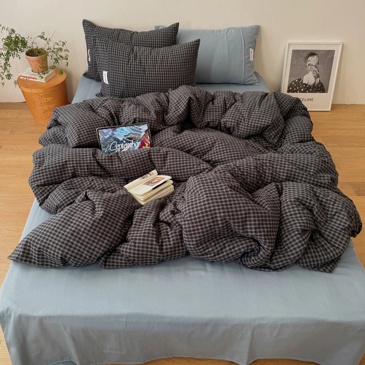 Duvet Cover Set Gingham Pattern Machine-Washable Matching Pillowcases