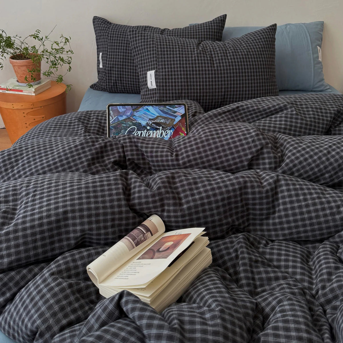 Duvet Cover Set Gingham Pattern Machine-Washable Matching Pillowcases