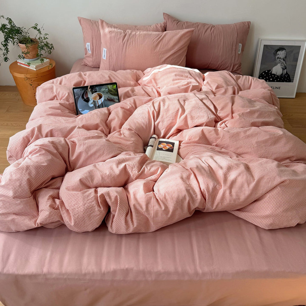 Duvet Cover Set Gingham Pattern Machine-Washable Matching Pillowcases