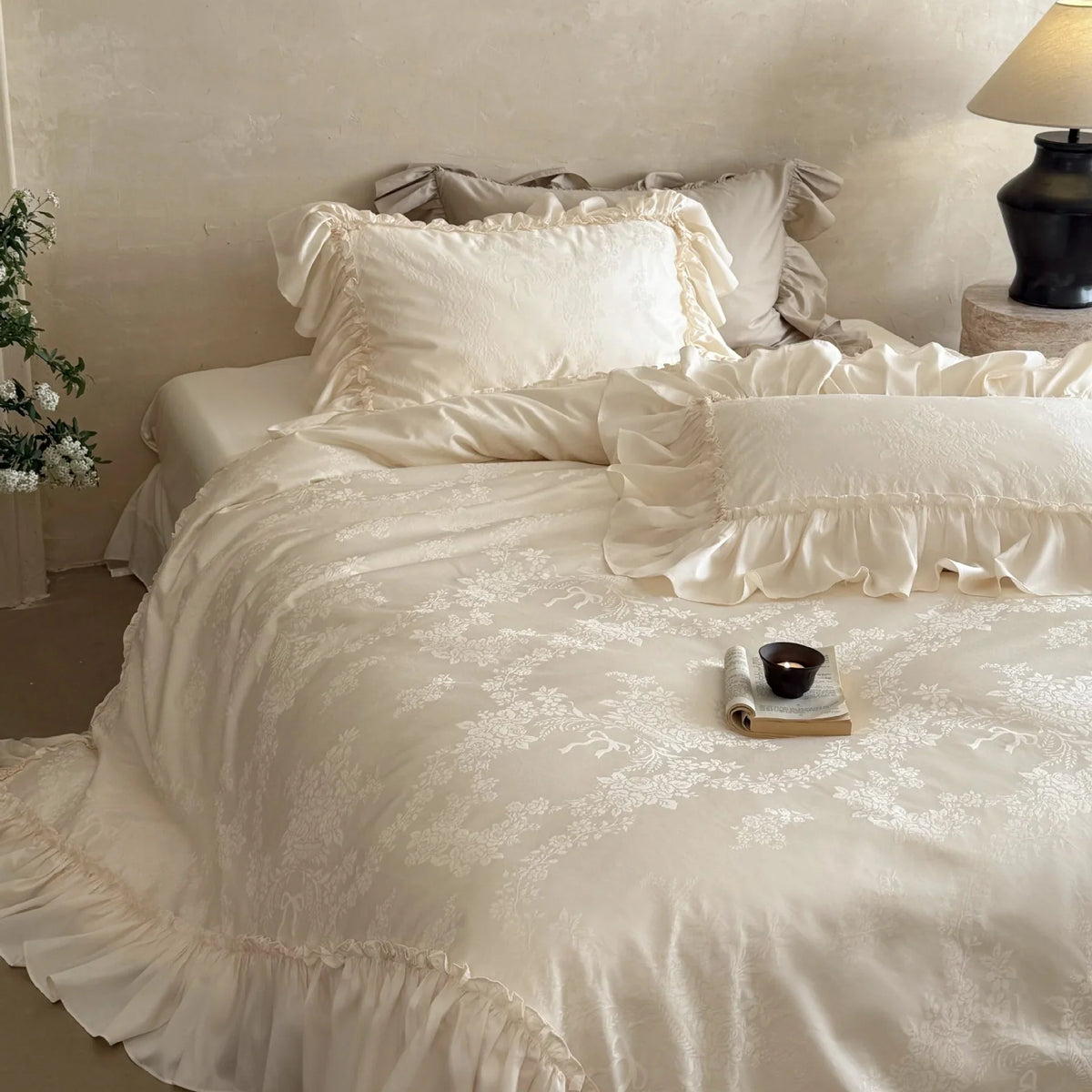 Duvet Cover Set Jacquard Floral Ruffle Trim Satin-Like Finish