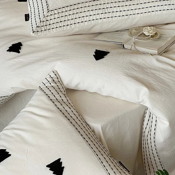 Duvet Cover Set Linen-Cotton Blend Embroidered & Striped Border
